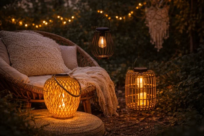 Espace extérieur cosy bohème éclairé par des lanternes solaires, fauteuil en rotin et lumière douce pour prolonger la lumière naturelle au coucher du soleil