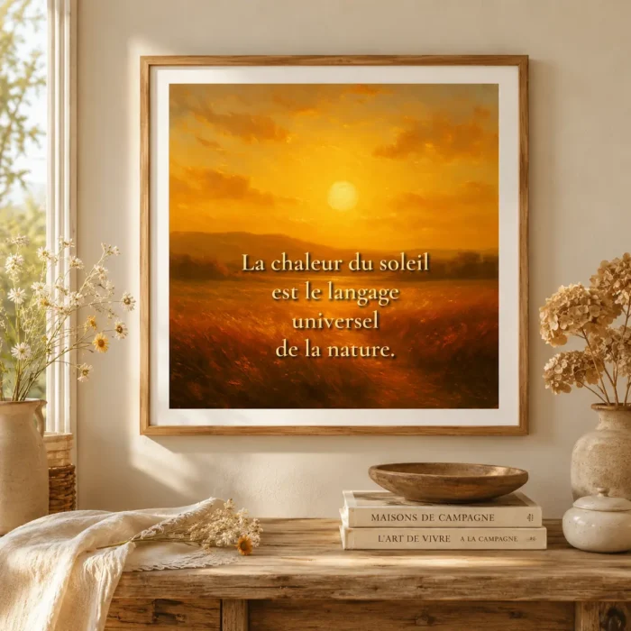 "Affiche encadrée « La chaleur du soleil est le langage universel de la nature » dans une décoration bucolique chaleureuse avec fleurs séchées, bois naturel et lumière douce."