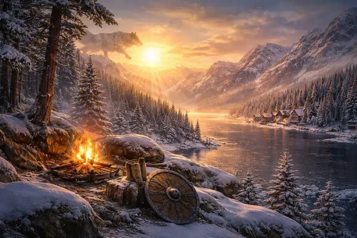 Soleil hivernal se levant sur un fjord nordique enneigé, feu de camp et bouclier viking au premier plan, évoquant la lumière rare et la résilience