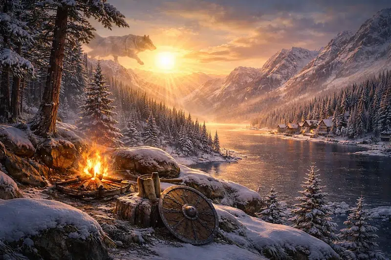 Soleil hivernal se levant sur un fjord nordique enneigé, feu de camp et bouclier viking au premier plan, évoquant la lumière rare et la résilience