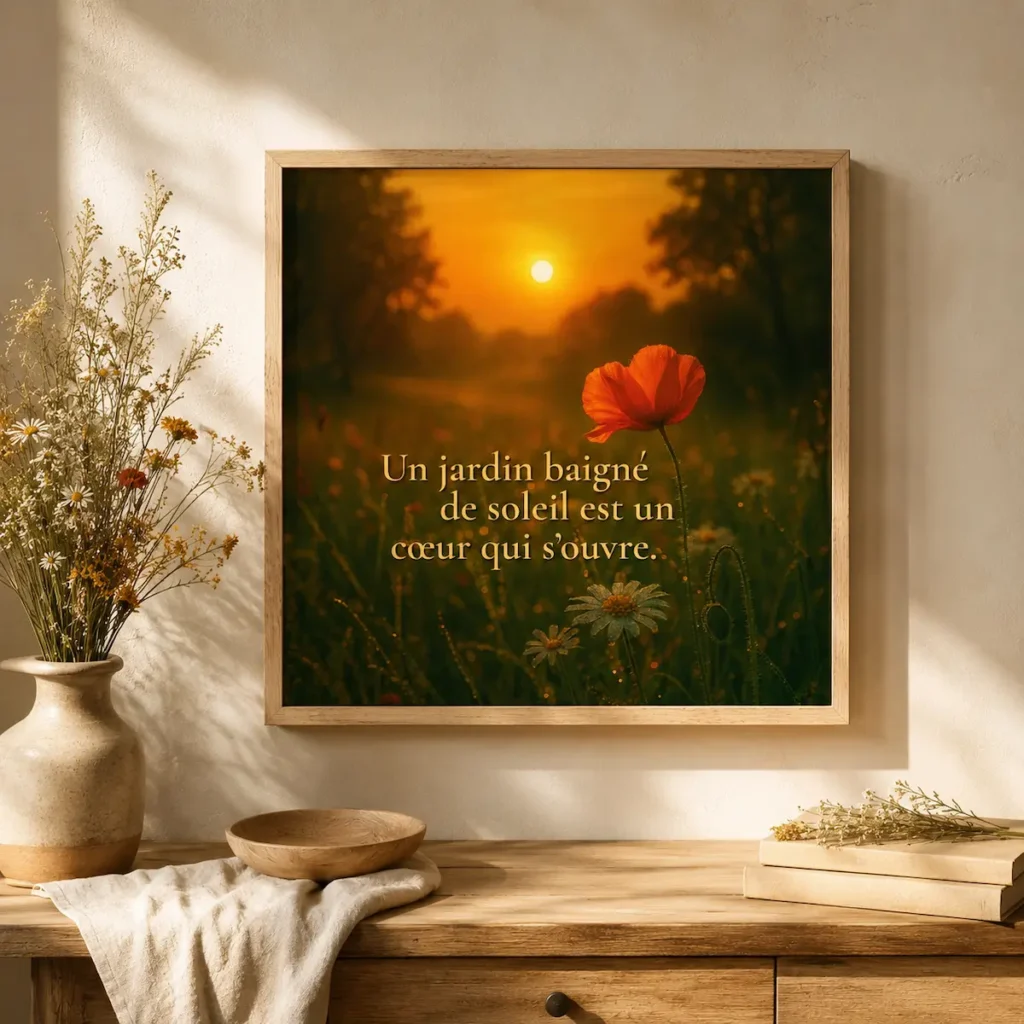 Affiche encadrée « Un jardin baigné de soleil est un cœur qui s’ouvre » dans une mise en scène bucolique et chaleureuse | Solaire Universel