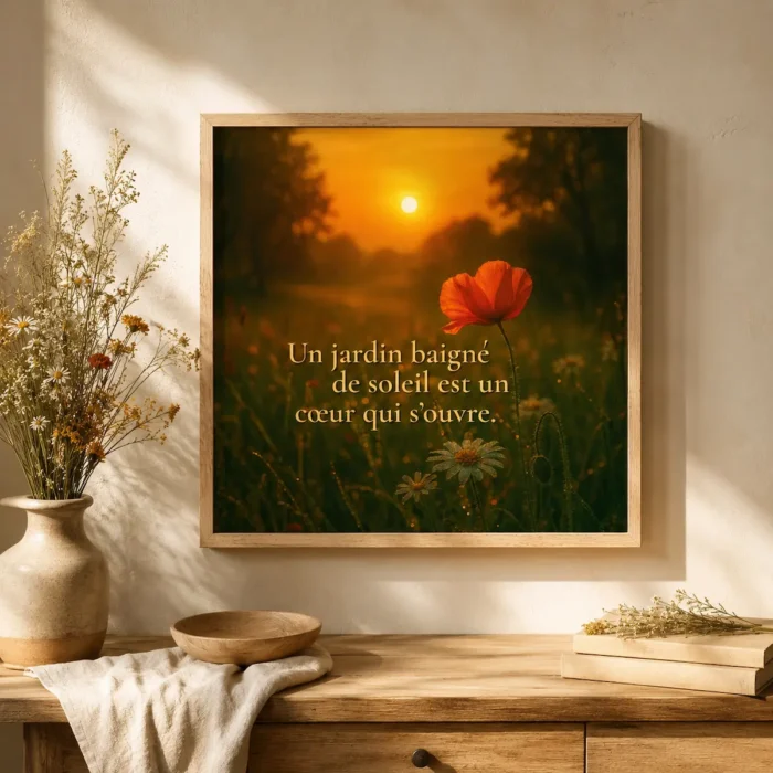Affiche encadrée « Un jardin baigné de soleil est un cœur qui s’ouvre » dans une mise en scène bucolique et chaleureuse | Solaire Universel