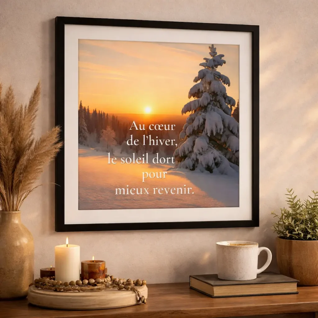 Affiche encadrée paysage hivernal avec lever de soleil et citation inspirante « Au cœur de l’hiver, le soleil dort pour mieux revenir » – décoration murale chaleureuse