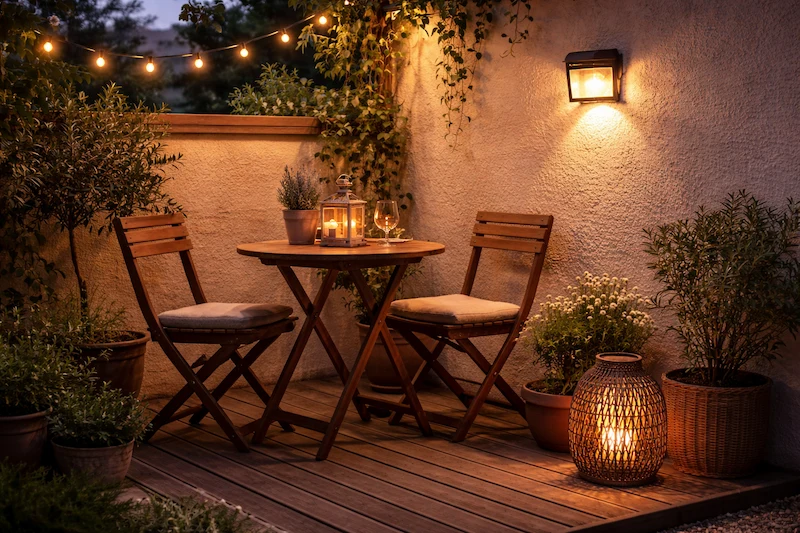 Petite terrasse au printemps éclairée par une lampe solaire murale et une lanterne solaire, ambiance chaleureuse et cosy au coucher du soleil