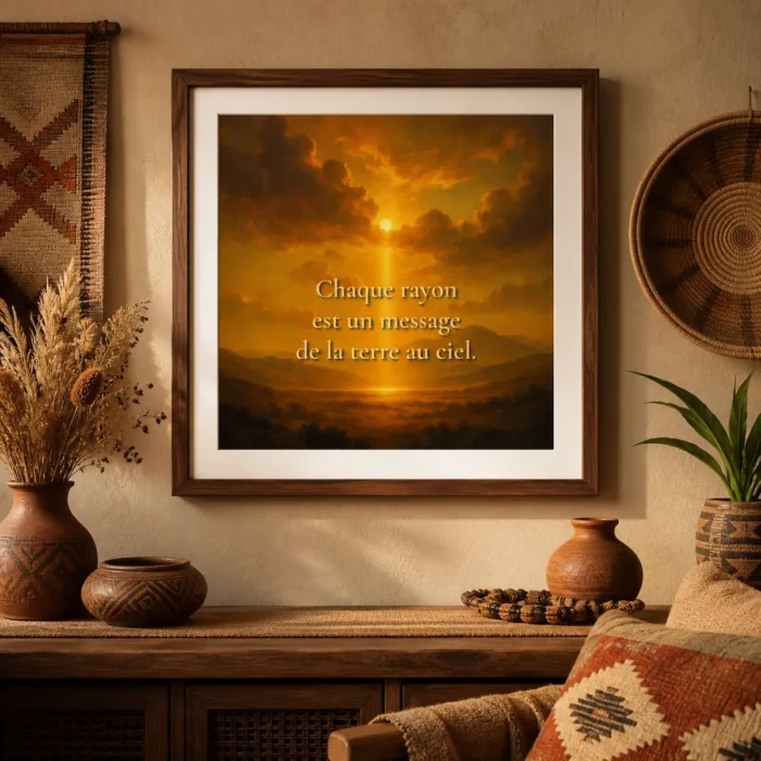 Affiche encadrée « Chaque rayon est un message de la Terre au ciel » dans une décoration chaleureuse d’inspiration amérindienne.