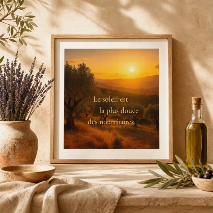 Affiche encadrée avec citation « Le soleil est la plus douce des nourritures » dans une décoration provençale, avec lavande, huile d’olive, rameaux d’olivier et lumière dorée.