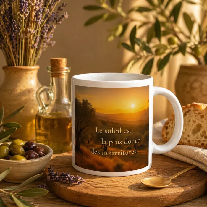 Mug blanc avec citation « Le soleil est la plus douce des nourritures » dans une mise en scène provençale chaleureuse, avec olives, lavande, huile d’olive, pain rustique et lumière dorée.