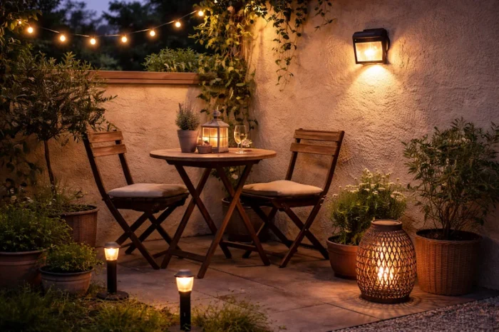 Terrasse éclairée par plusieurs lampes solaires : applique murale, lanterne et bornes lumineuses, ambiance chaleureuse au printemps