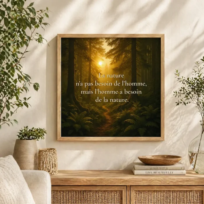 "Affiche carrée encadrée en bois clair naturel avec citation « La nature n’a pas besoin de l’homme, mais l’homme a besoin de la nature », mise en scène dans un intérieur organique et végétal aux matières naturelles."