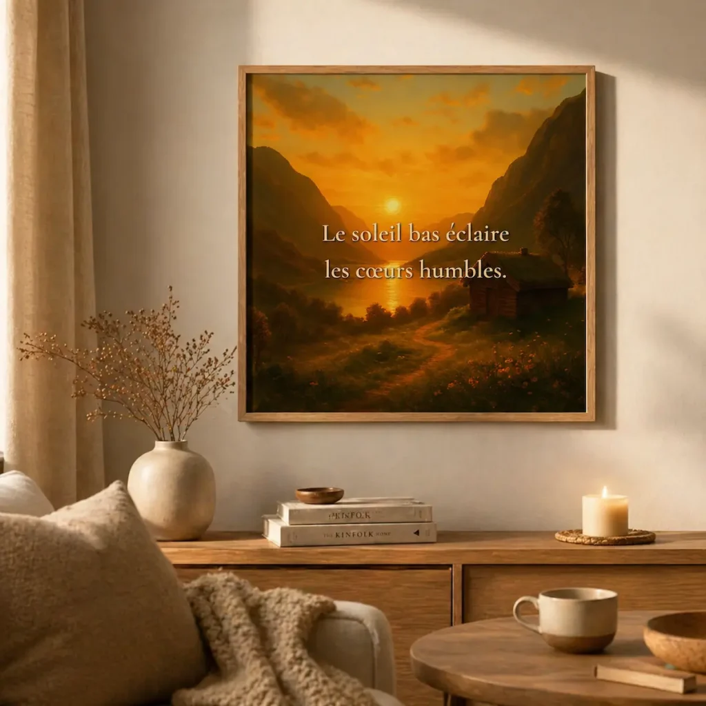 "Affiche encadrée « Le soleil bas éclaire les cœurs humbles » mise en scène dans un intérieur nordique chaleureux et lumineux"