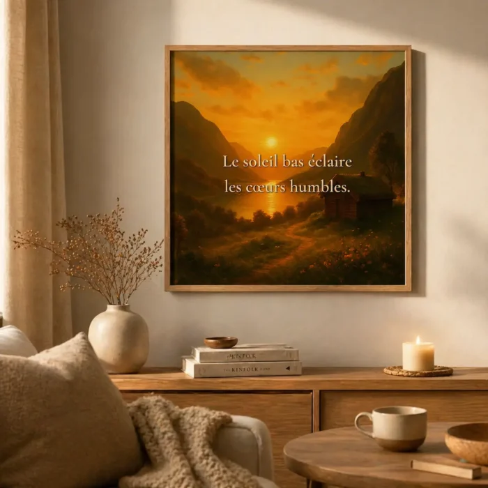 "Affiche encadrée « Le soleil bas éclaire les cœurs humbles » mise en scène dans un intérieur nordique chaleureux et lumineux"