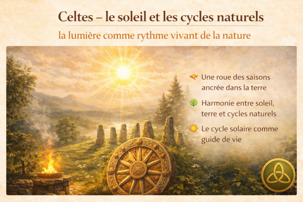 alt="Soleil celtique illuminant un paysage naturel, symbole des cycles saisonniers, de l’harmonie entre la terre et la lumière, et du rythme vivant de la nature"
