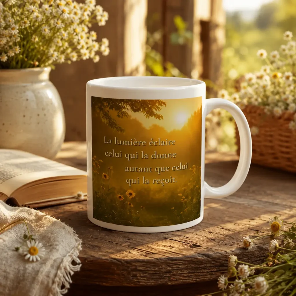 "Mug blanc avec citation « La lumière éclaire celui qui la donne autant que celui qui la reçoit » dans une mise en scène chaleureuse et bucolique, avec marguerites, livre ouvert et lumière dorée."