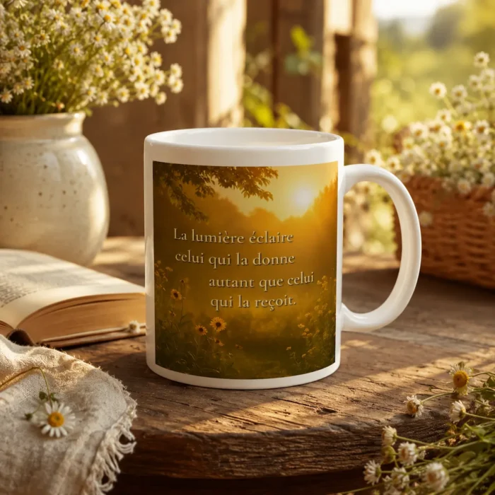 "Mug blanc avec citation « La lumière éclaire celui qui la donne autant que celui qui la reçoit » dans une mise en scène chaleureuse et bucolique, avec marguerites, livre ouvert et lumière dorée."