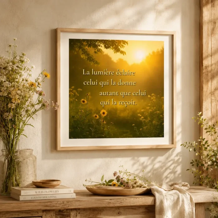 Affiche encadrée citation “La lumière éclaire celui qui la donne autant que celui qui la reçoit” dans une déco bucolique lumineuse