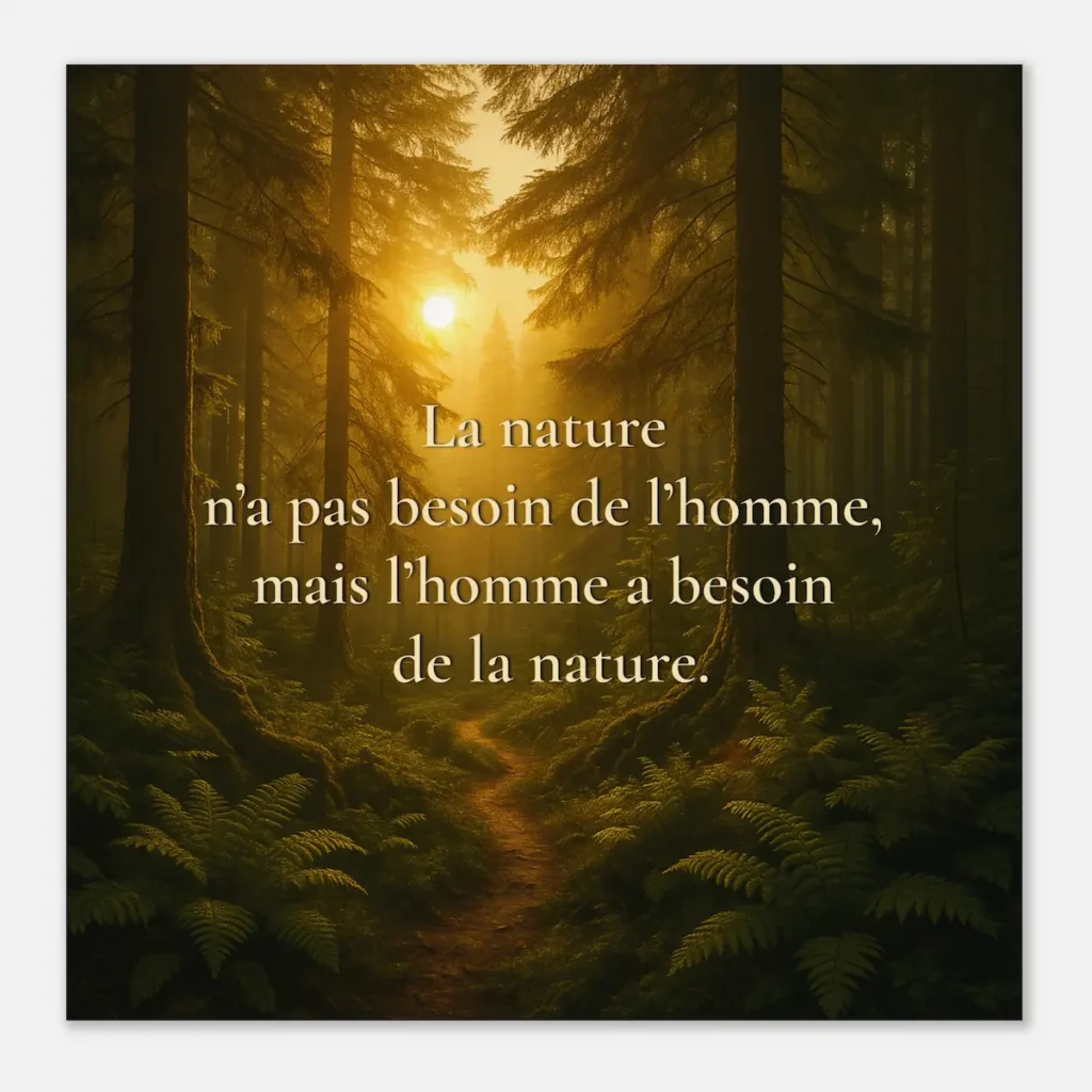 "Affiche La nature n’a pas besoin de l’homme, mais l’homme a besoin de la nature vue de face avec forêt lumineuse, sentier forestier et lumière dorée"