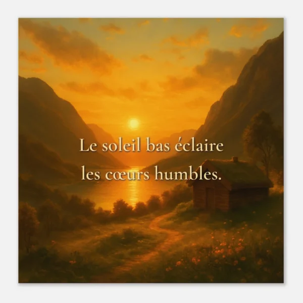 "Affiche citation Le soleil bas éclaire les cœurs humbles avec paysage norvégien au coucher de soleil, lac entre montagnes et lumière dorée chaleureuse"
