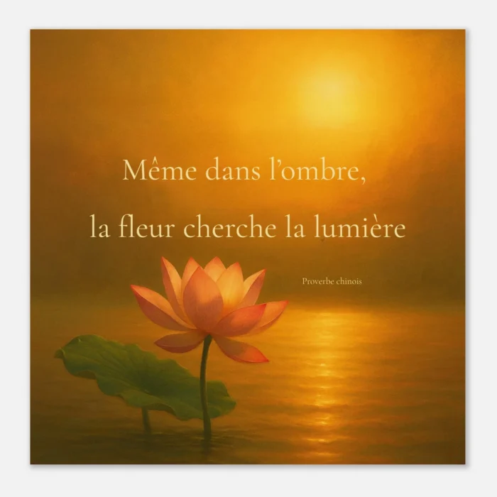 Affiche papier mat qualité muséale proverbe chinois même dans l’ombre la fleur cherche la lumière illustration lotus lumière dorée