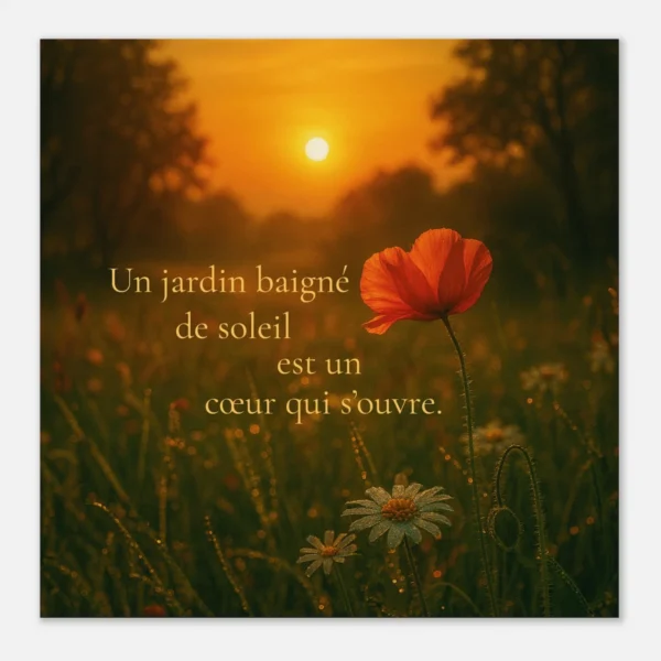 Affiche papier mat qualité muséale Un jardin baigné de soleil est un cœur qui s’ouvre, citation inspirante lumière et nature