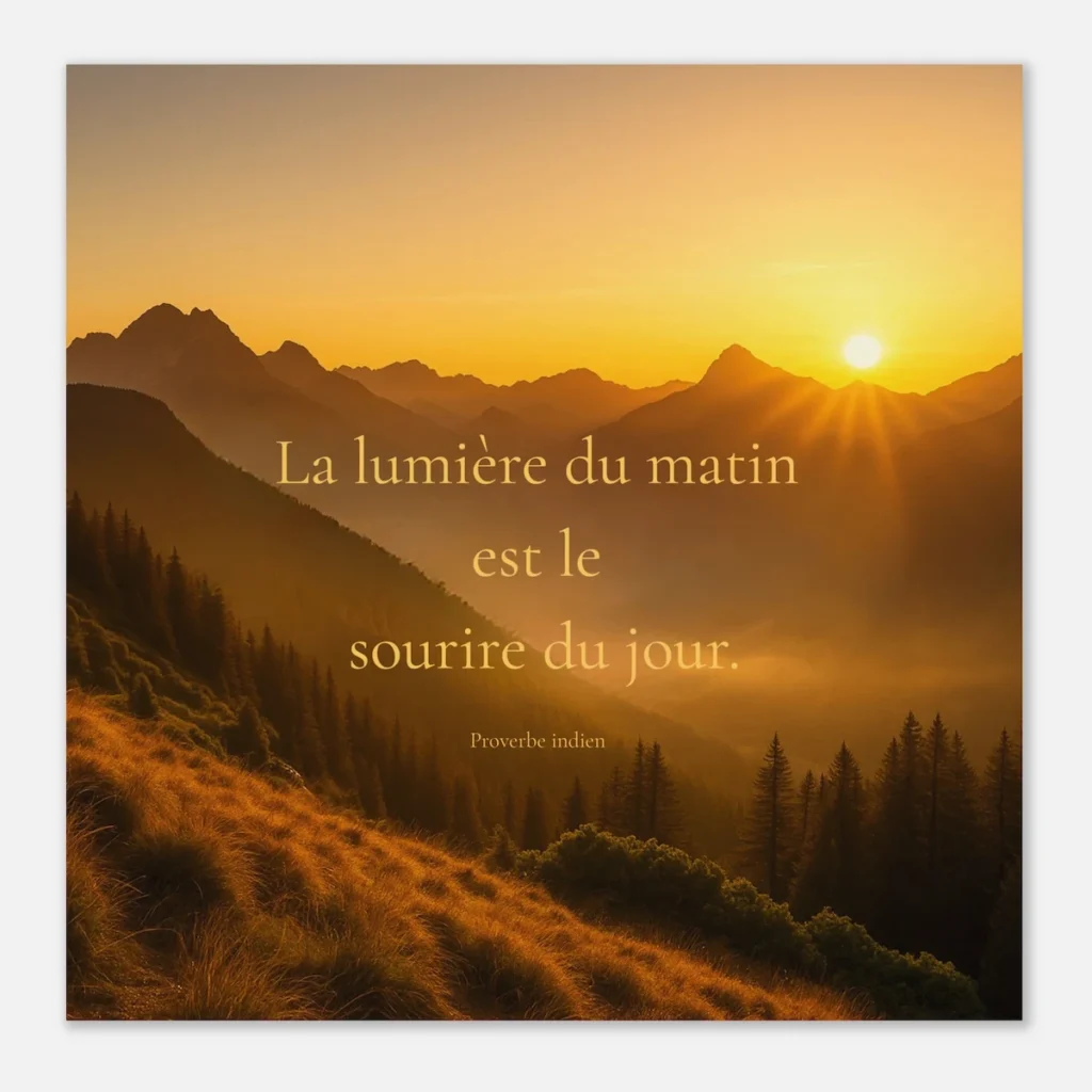 Affiche citation La lumière du matin est le sourire du jour, paysage de montagne au lever du soleil, ambiance chaleureuse et inspirante