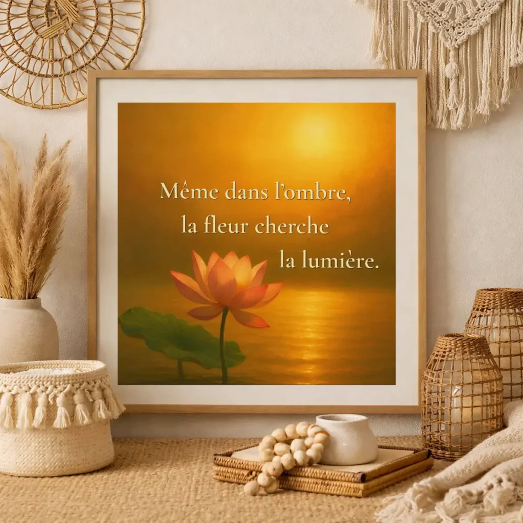 Affiche encadrée avec citation « Même dans l’ombre, la fleur cherche la lumière » dans une décoration bohème aux tons naturels, avec fleur de lotus, herbes séchées, macramé et lanternes en rotin.