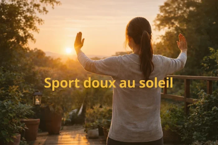 Femme vue de dos pratiquant un taï-chi matinal face au lever du soleil.