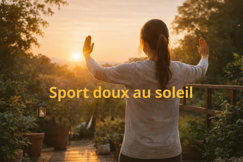 Femme vue de dos pratiquant un taï-chi matinal face au lever du soleil.