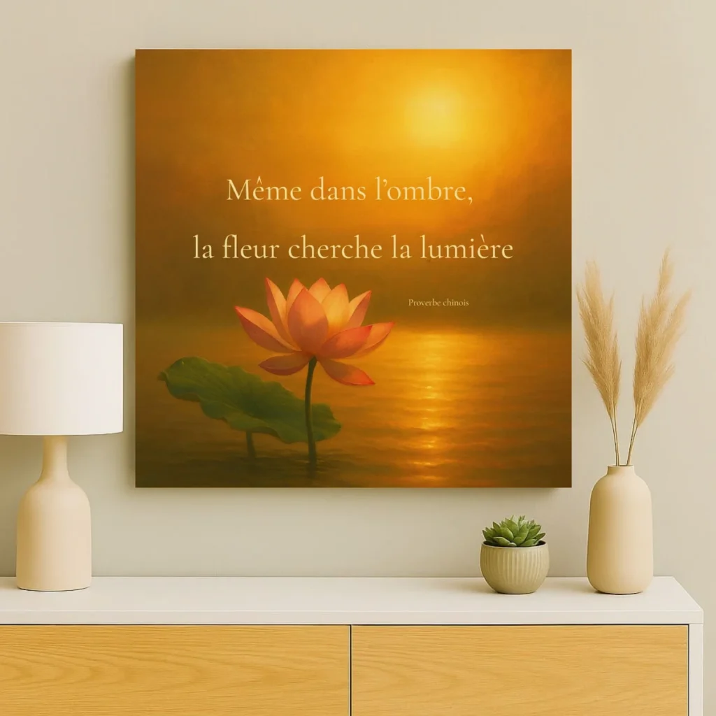 Affiche proverbe chinois lotus lumière dorée décoration murale zen dans un salon ambiance naturelle et apaisante