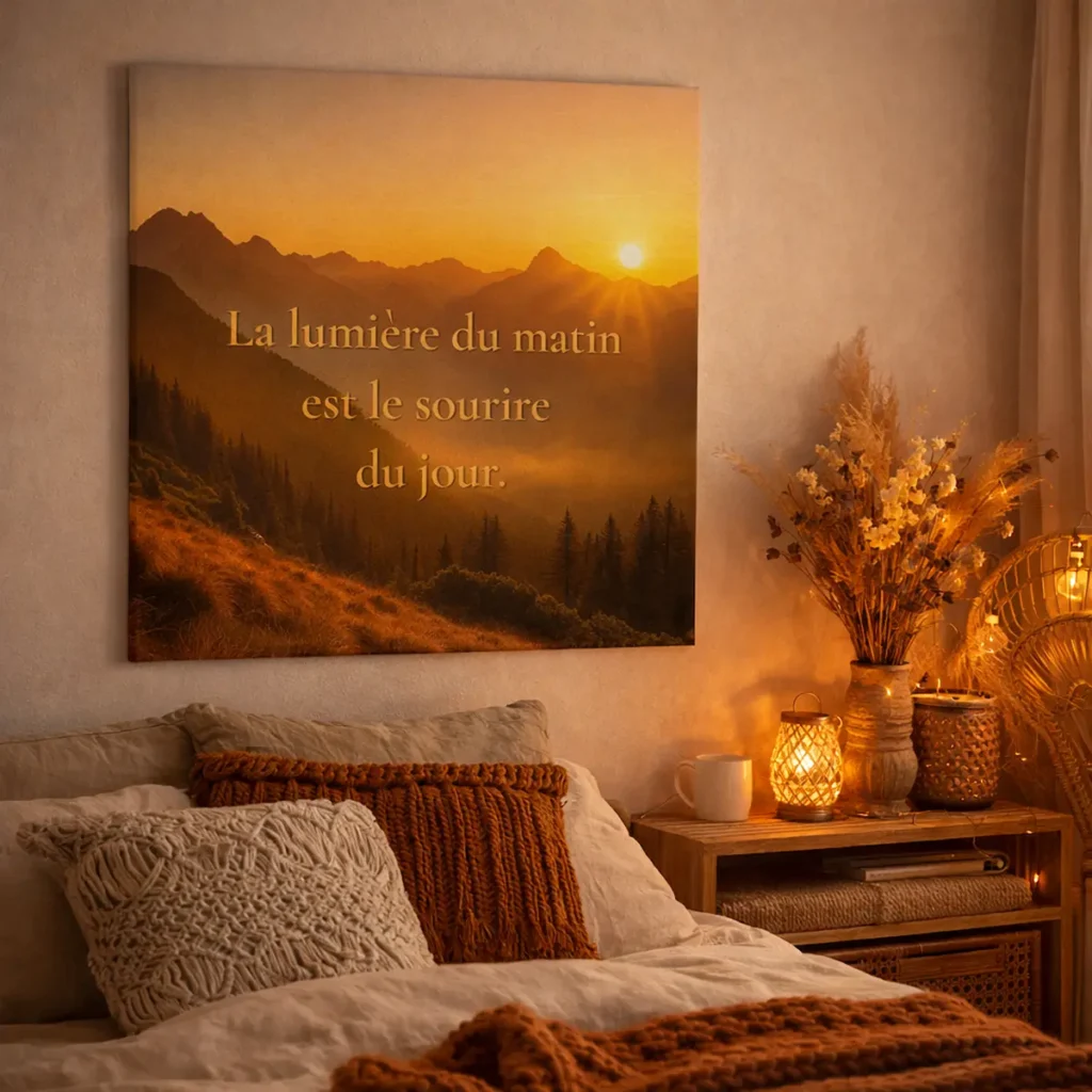 Toile murale avec lever de soleil et citation inspirante dans une chambre cosy avec lumière chaude et décoration bohème