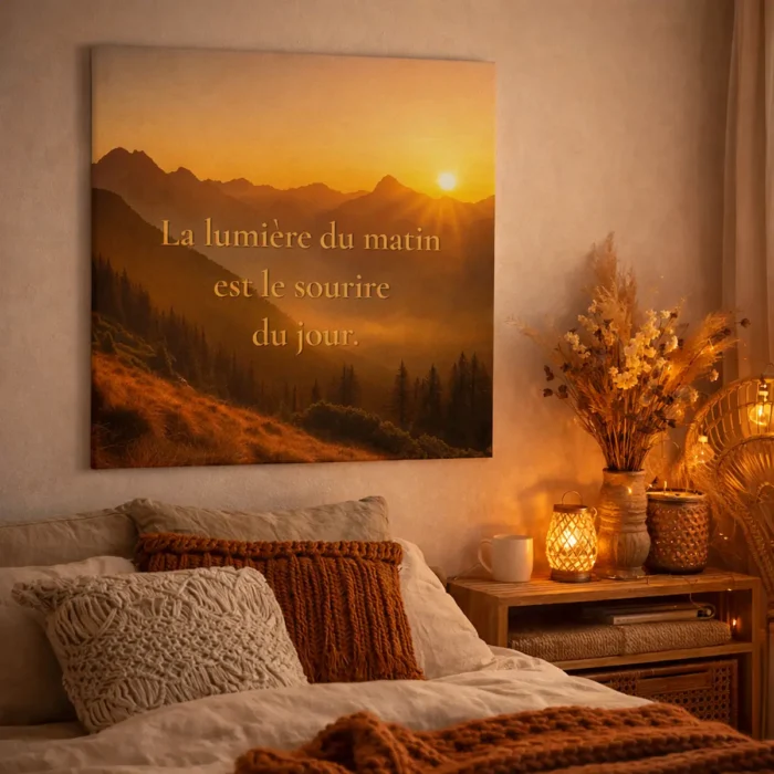 Toile murale avec lever de soleil et citation inspirante dans une chambre cosy avec lumière chaude et décoration bohème