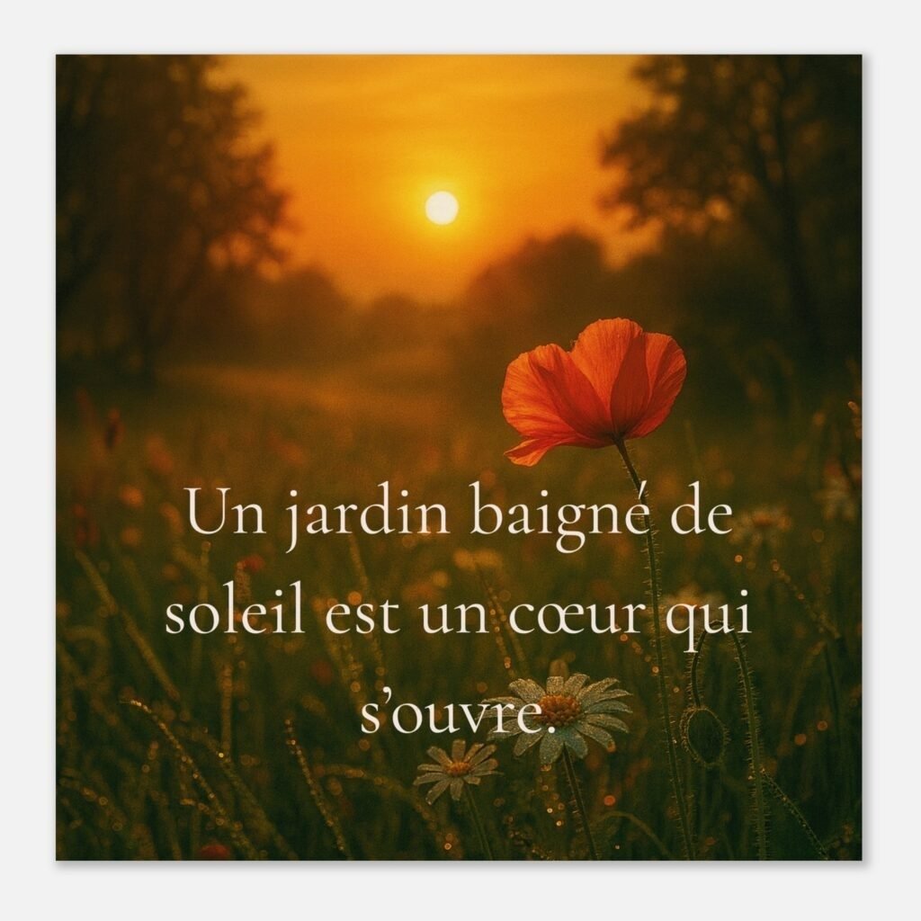 Affiche papier mat qualité muséale Un jardin baigné de soleil est un cœur qui s’ouvre, citation inspirante lumière et nature