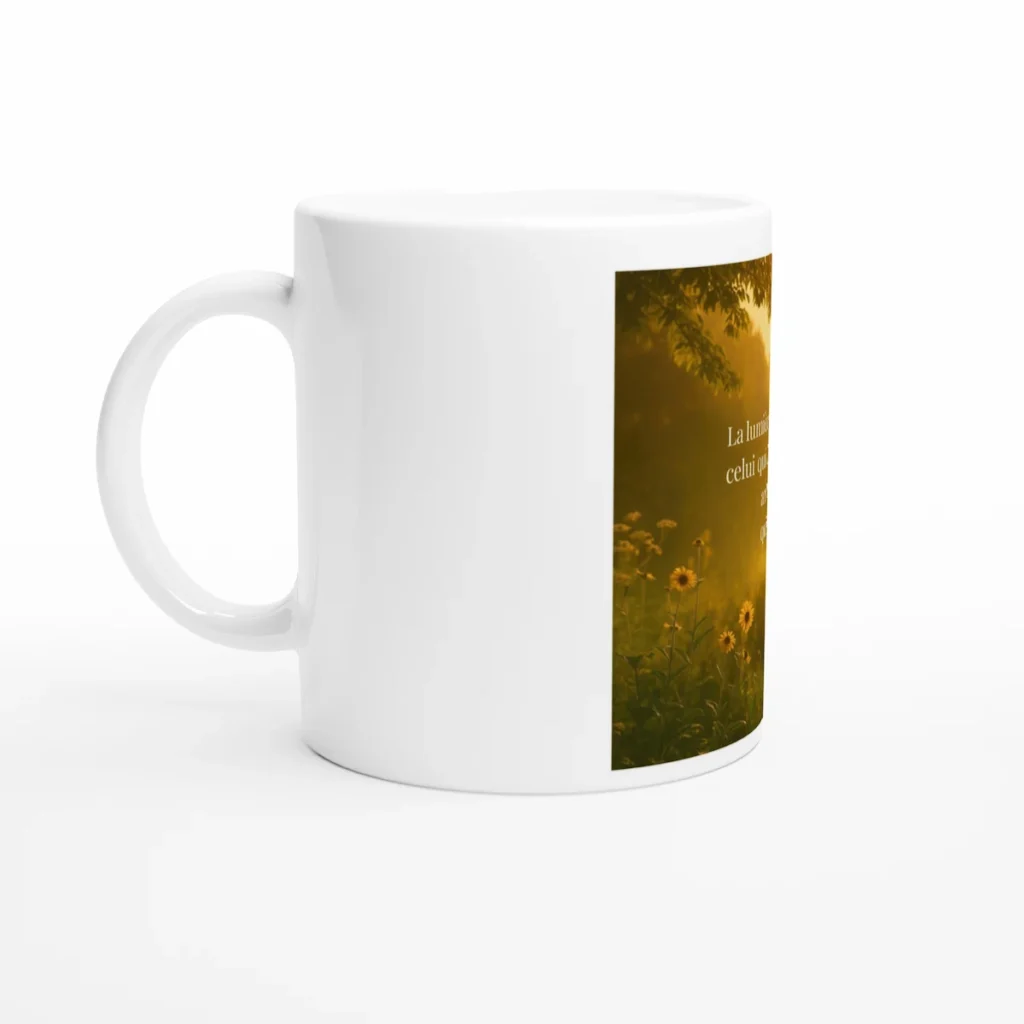 Tasse citation lumineuse avec paysage doré et message inspirant sur la lumière – Solaire Universel