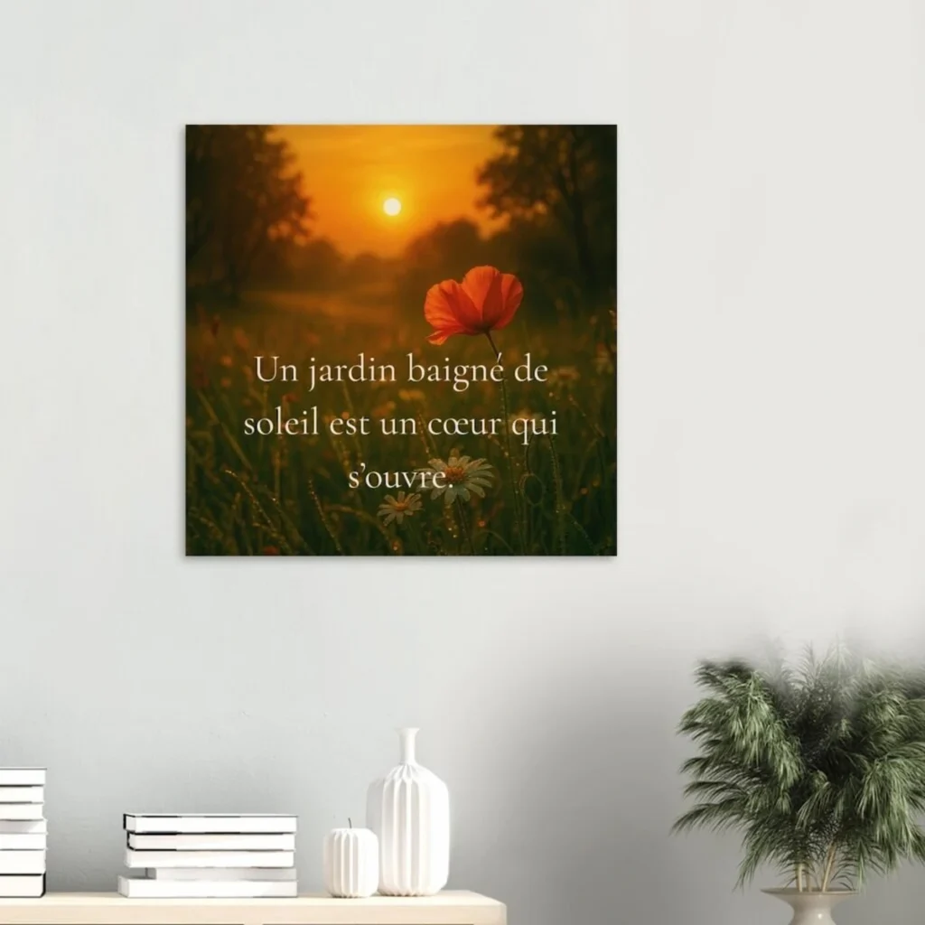 Affiche citation solaire Un jardin baigné de soleil est un cœur qui s’ouvre, décoration murale esprit nature et lumière dorée