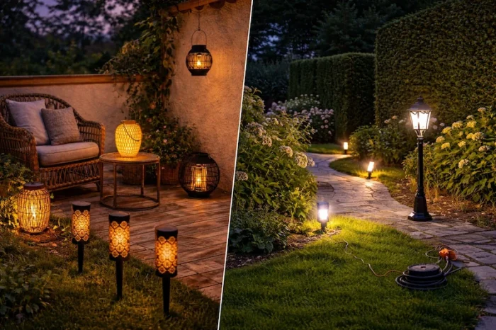 Éclairage extérieur solaire ou électrique dans un jardin : terrasse avec lanternes solaires et allée avec lampadaire électrique