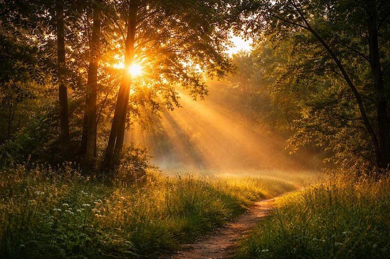 Rayons du soleil traversant une forêt au lever du jour, symbole de lumière et d’espoir dans la nature
