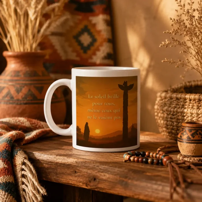 Mug citation amérindienne « Le soleil brille pour tous, même ceux qui ne le voient pas » en mise en scène déco chaleureuse style amérindien | Solaire Universel