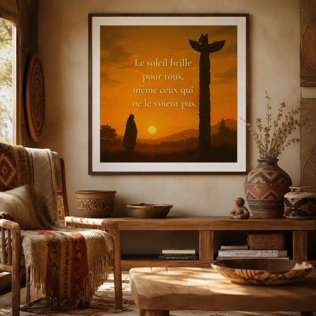 Affiche encadrée “Le soleil brille pour tous, même ceux qui ne le voient pas” dans une décoration chaleureuse style amérindien