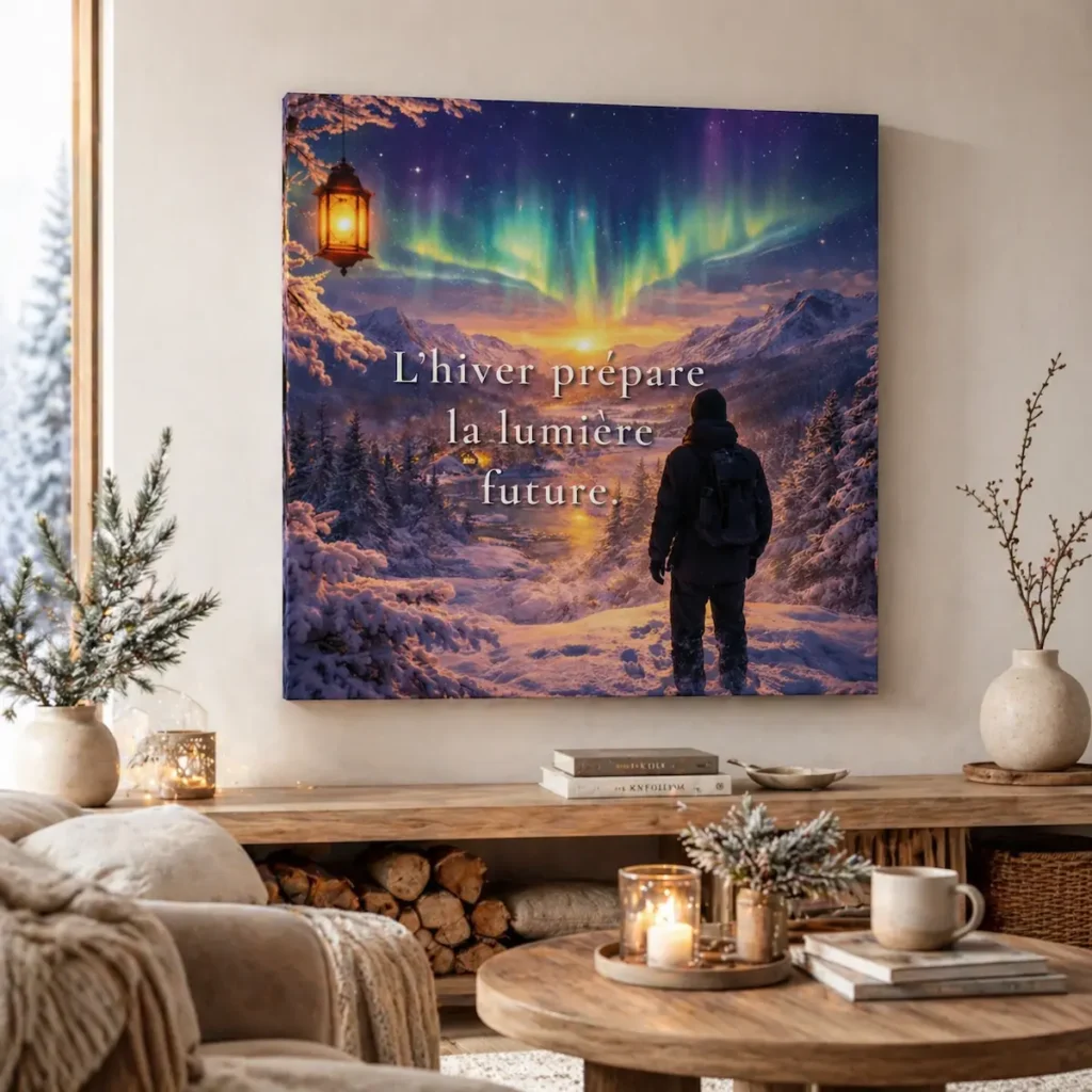 Toile murale « L’hiver prépare la lumière future » mise en scène dans un intérieur chaleureux avec décoration hivernale.