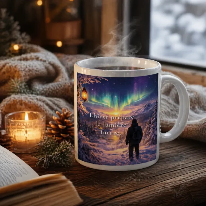 "Mug blanc avec visuel « L’hiver prépare la lumière future » dans une mise en scène hivernale chaleureuse, avec vapeur, bougie, livre ouvert, pommes de pin, plaid en maille et fenêtre enneigée."