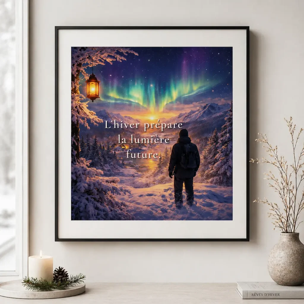 Affiche encadrée « L’hiver prépare la lumière future » dans une mise en scène hivernale chaleureuse et lumineuse