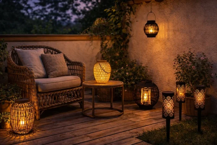 Ambiance bohème lumineuse sur terrasse avec lanternes solaires en rotin, lampe suspendue noire et bornes solaires décoratives