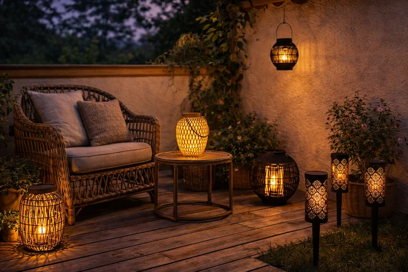 Ambiance bohème lumineuse sur terrasse avec lanternes solaires en rotin, lampe suspendue noire et bornes solaires décoratives