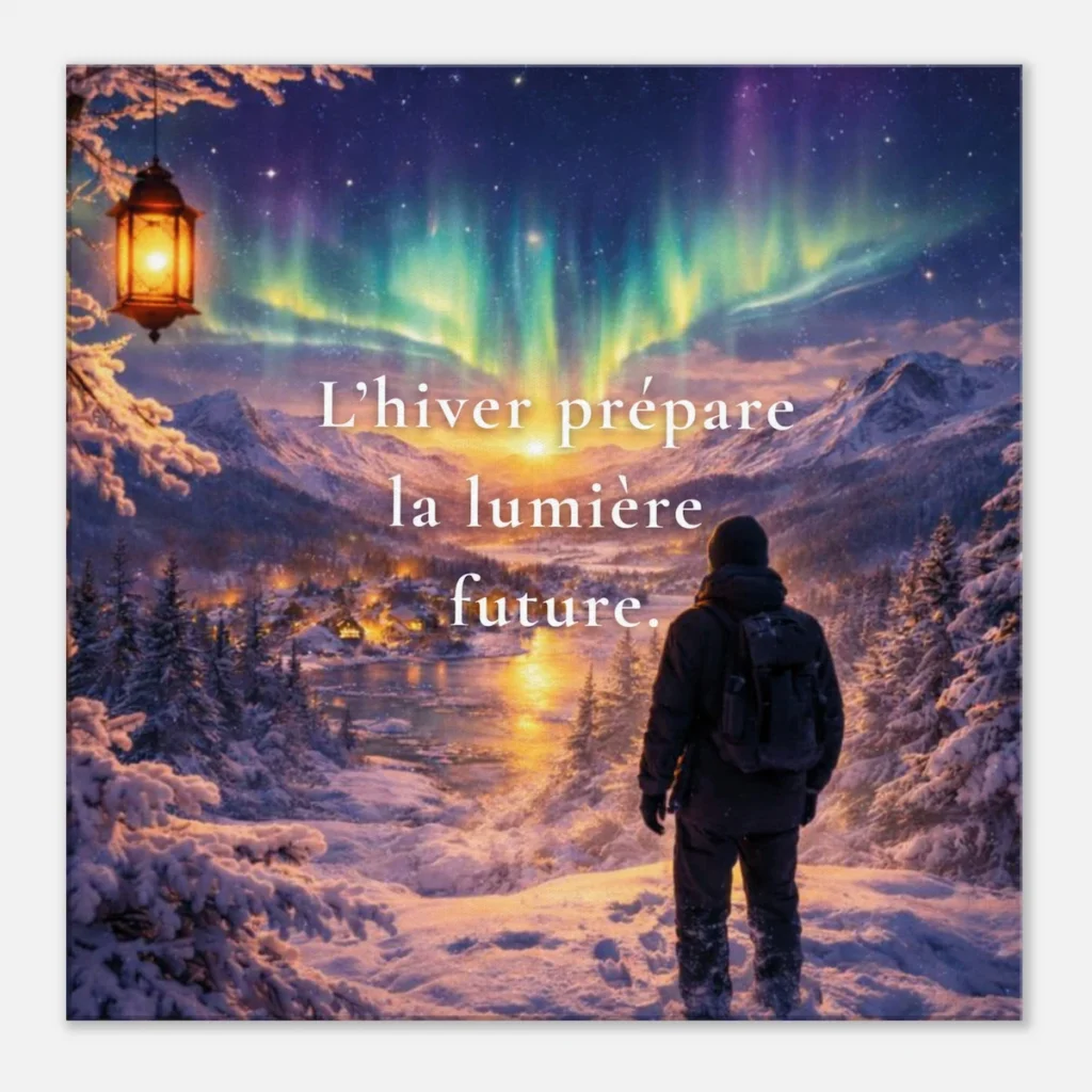 Affiche citation hiver prépare la lumière future paysage neige aurore boréale lumière dorée inspiration nature et espoir
