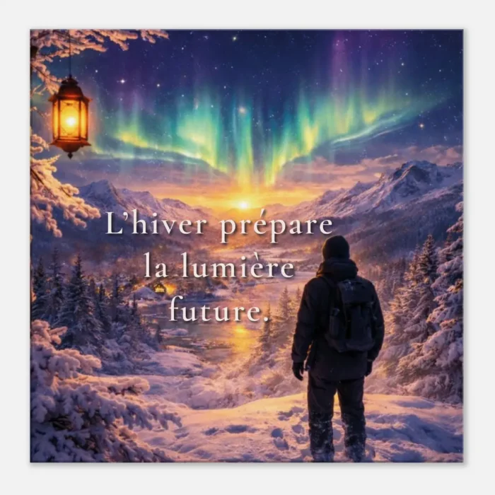 "Toile murale L’hiver prépare la lumière future vue de face avec vallée enneigée, aurores boréales et lumière d’hiver"