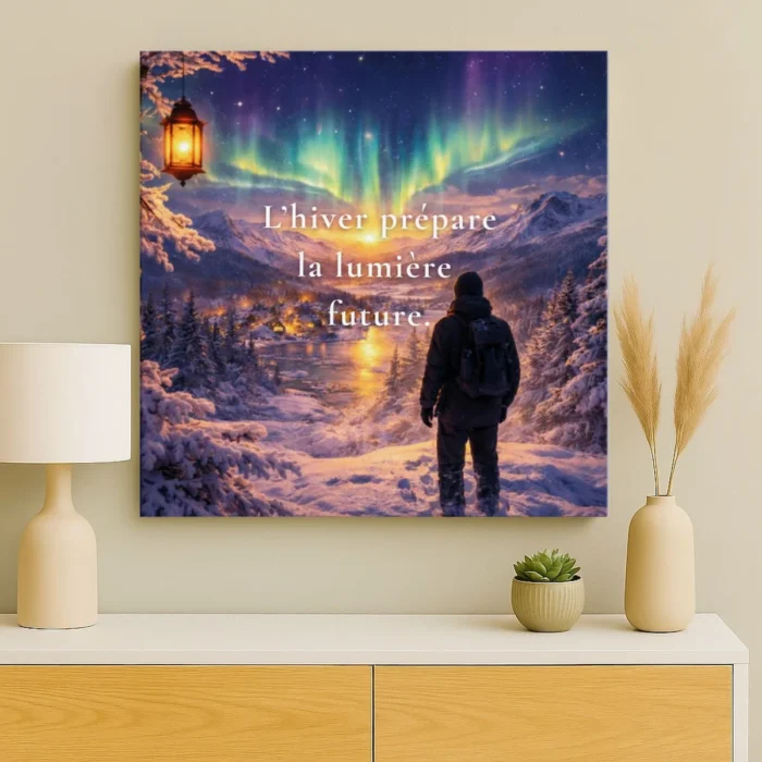 Affiche inspirante hiver prépare la lumière future paysage enneigé aurore boréale décoration murale ambiance chaleureuse
