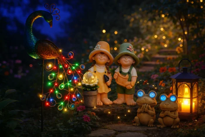 Décorations solaires, jardin nocturne.