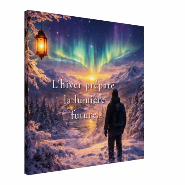 Toile murale L’hiver prépare la lumière future vue en angle avec paysage enneigé, lanterne suspendue et aurores boréales