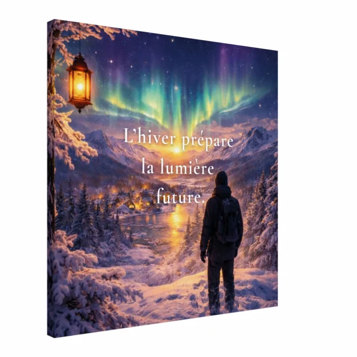 Toile murale citation hiver prépare la lumière future illustration montagne neige aurore boréale et lanterne lumière