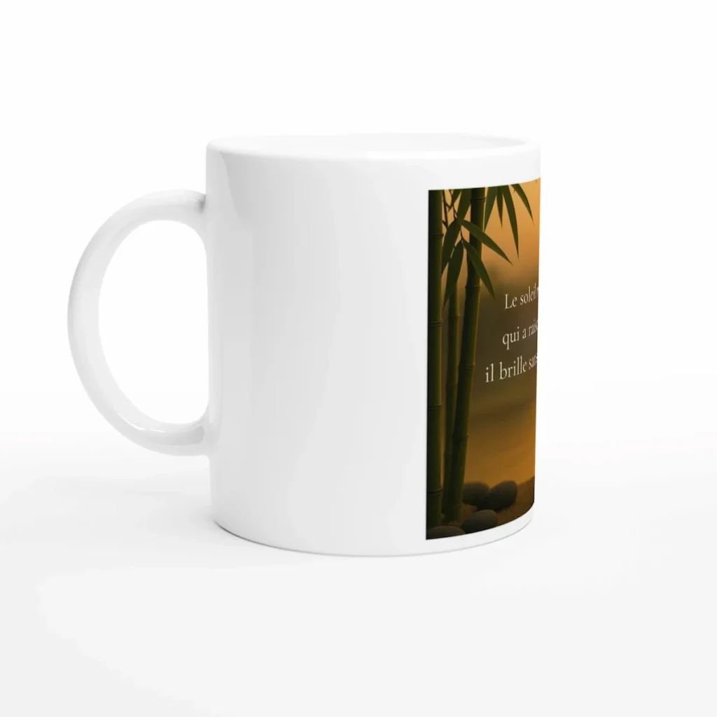 Tasse inspirante style zen avec paysage coucher de soleil bambou et galets – citation lumière universelle