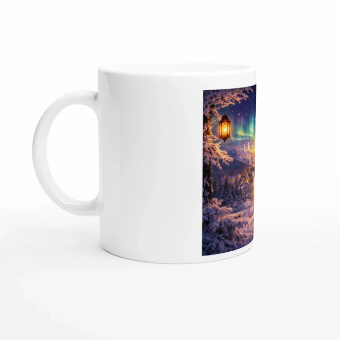 Mug citation inspirante hiver lumière future décor montagne enneigée et ciel étoilé ambiance cocooning